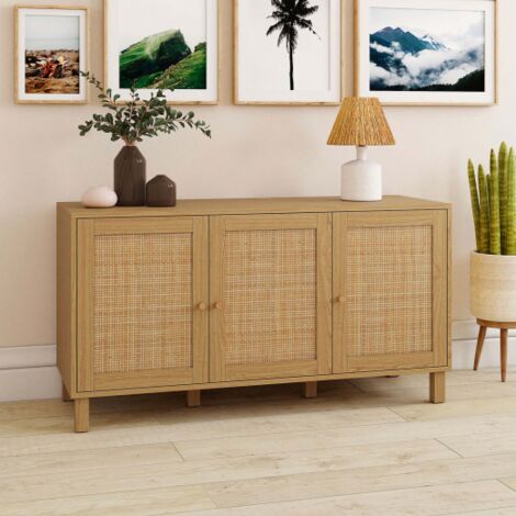 HANAE Aparador bajo vintage de 3 puertas 113 cm efecto caña natural