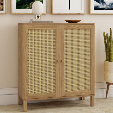 HANAE Aparador vintage de 2 puertas, 70 cm, efecto caña natural