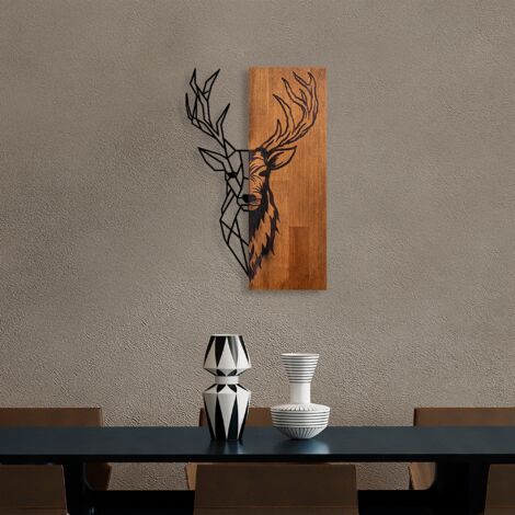 Hanah Home – Décoration murale en bois et métal noyer – Cerf origami 36 x 58 cm – Design moderne et rustique – Installation facile