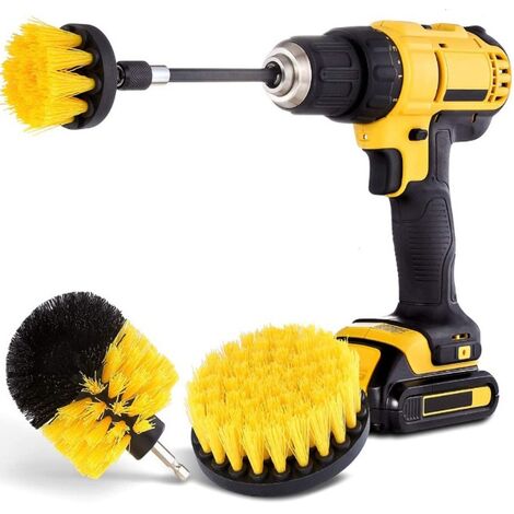 HANBING Ensemble de trois brosses de perceuse + tige d'extension ensemble de brosses de perceuse électrique brosse de perceuse brosse de nettoyage domestique jaune