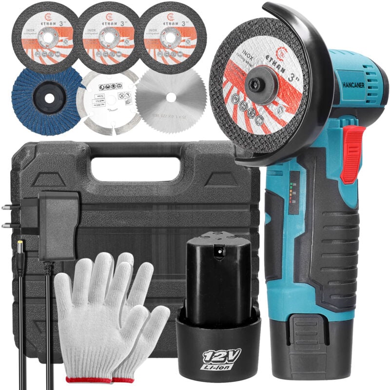 Hancaner mini meuleuse 12V 19500rpm 75mm charbon 2 batteries