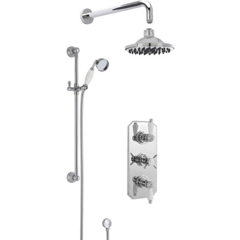 Hanchurch Traditional Concealed Triple Valve with Bevelled Back Plate Shower Set with Slide Rail Kit, Arm & Head- Chrome - Balterley