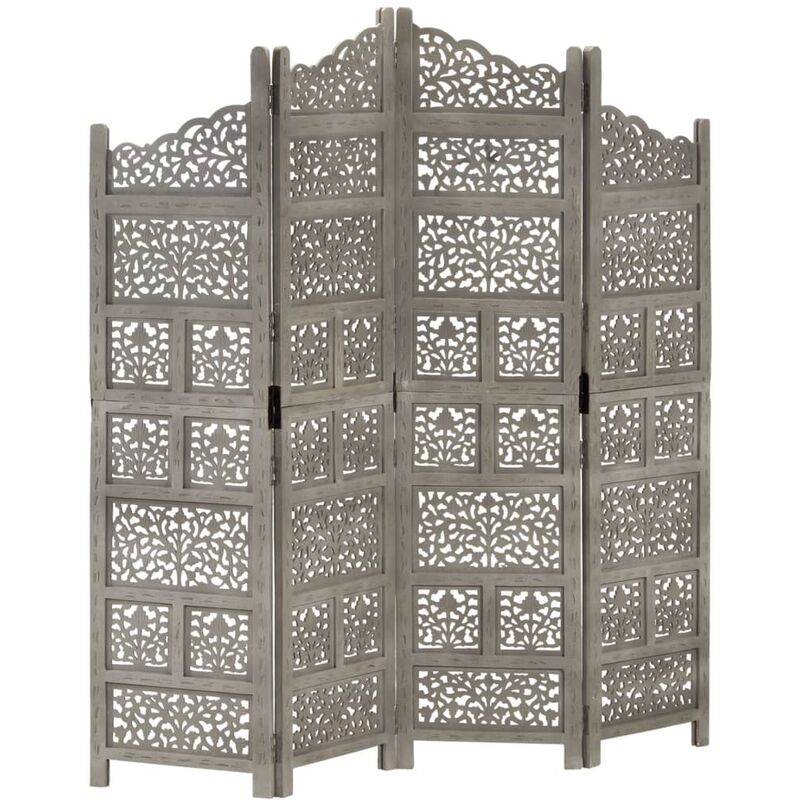 Vidaxl - Hand carved 4-Panel Room Divider Grey 160x165 cm Solid Mango Wood