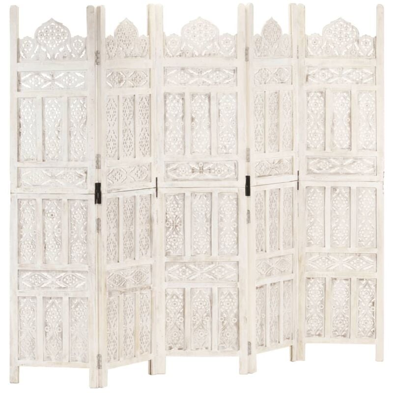 Hand carved 5-Panel Room Divider White 200x165 cm Solid Mango Wood Vidaxl