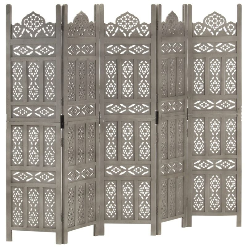 Hand carved 5-Panel Room Divider Grey 200x165 cm Solid Mango Wood Vidaxl