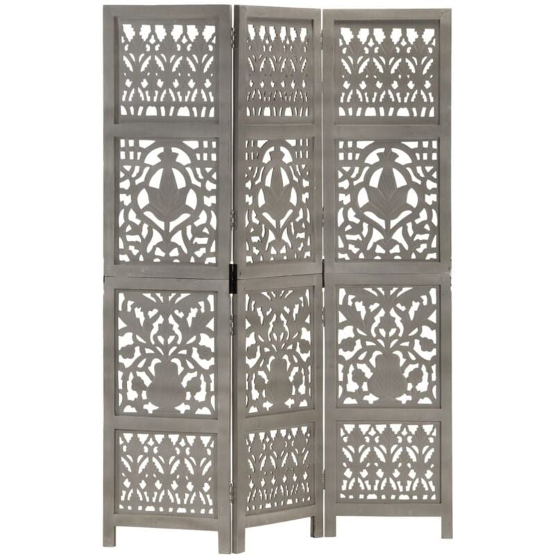 Hand Carved 3-Panel Room Divider Grey 120x165 cm Solid Mango Wood vidaXL