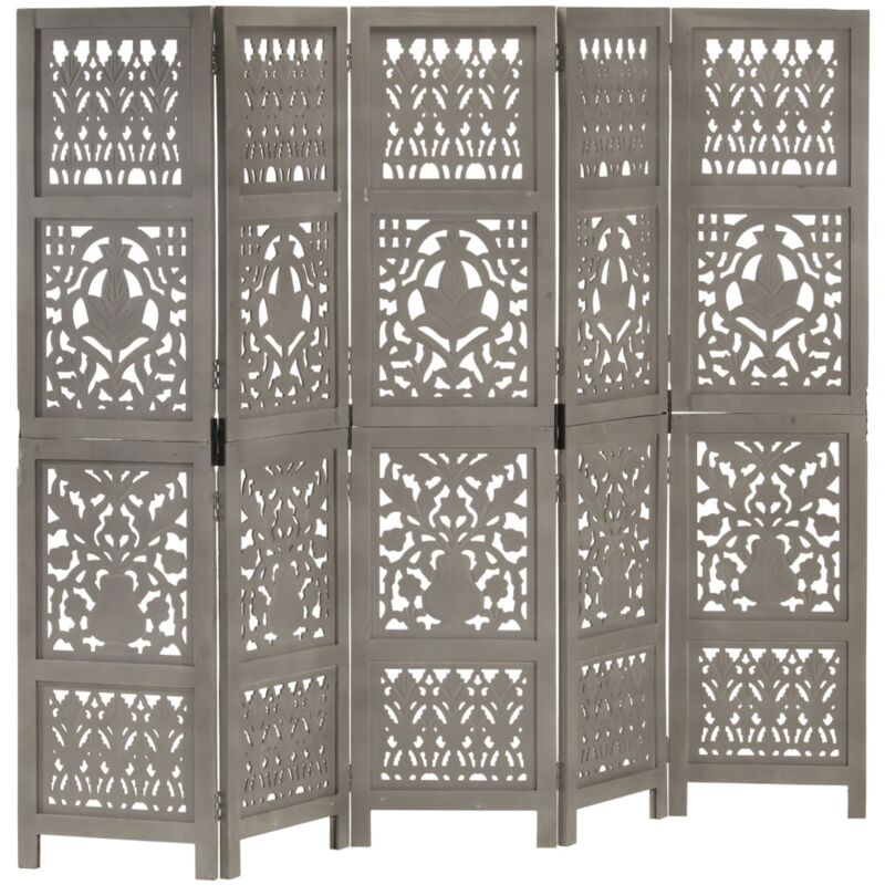 Hand Carved 5-panel Room Divider Grey 200x165 Cm Solid Mango Wood Vidaxl