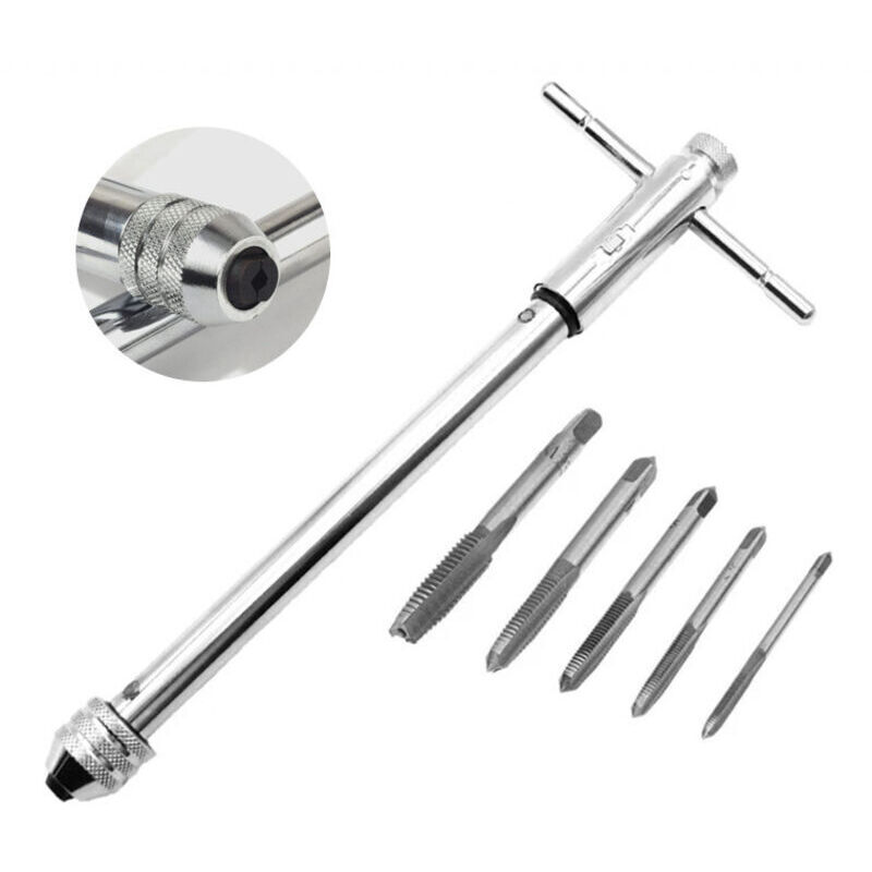 Hand Tap Set, 5 Pieces M3-M8 HSS Titanium Coated Threading Taps Threading Tools + Extended Tool Holder with Sliding Handle for Tap