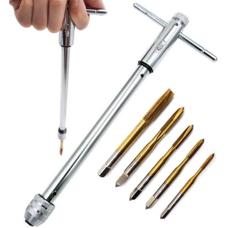 Hand Taps Set,5Pcs M3-M8 HSS Titanium Coated Thread Taps Threading Tools + Extender Tool Holder with Sliding Handle for Tap