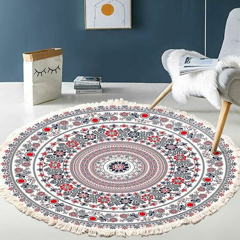 Hand Woven Cotton Round Area Rug, Mandala Pattern, Bohemian Vintage Style, with Tassels, Machine Washable, for Bedroom, Hallway, Living Room, Coffee Table, 60cm