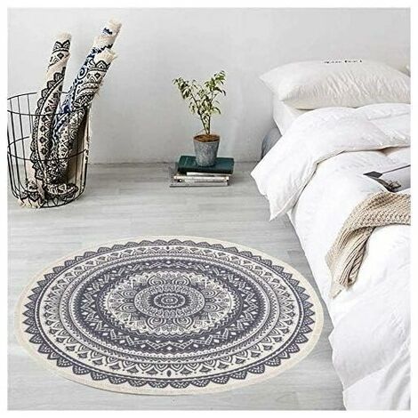 Hand-woven Cotton Round Rug Machine Washable Hand-woven Floor Mat with Tassel for Kitchen-Living Room Bedroom Diameter 120cm
