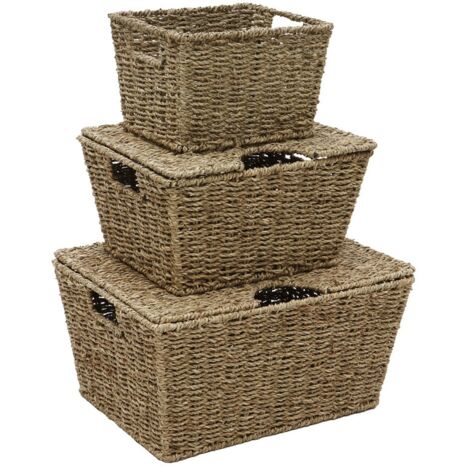 Hand Woven Seagrass Set of 3, Rectangular Lidded Storage Baskets