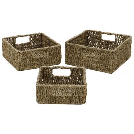 Hand Woven Seagrass Square Storage Baskets with Inset Handles, Set of 3