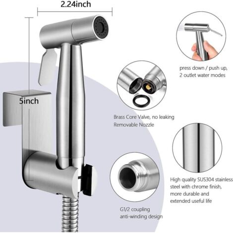 Handbrause für Bidetgeräte, Sprühset aus gebürstetem Nickel-Edelstahl, Badreiniger für Stoffwindeln, tragbare rostfreie Duschdüse (G1/2)