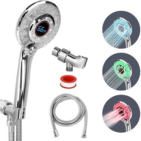 Handbrausekopf mit Digitalanzeige, 3 Strahlarten und 3-farbiger LED-Temperaturregelung