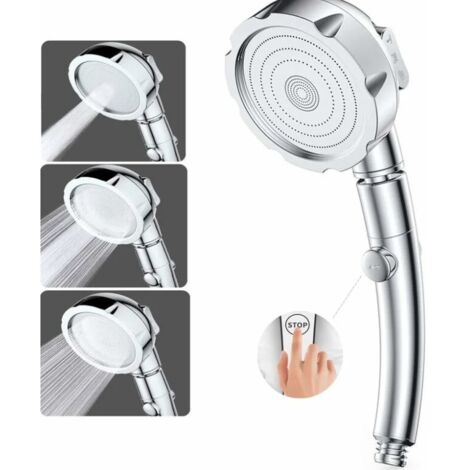 Handbrausekopf mit hohem Wasserdruck, 3 Strahlarten, aus ABS- und Edelstahl, mit Stopptaste, universell einsetzbar, wassersparend