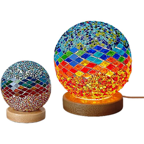 Handgefertigte Ambientelampe aus Holz und Mosaikglas – marokkanisch-bohemischer Stil (mediterranes Blau, Standardgröße) – dreifarbige USB-Beleuchtung mit stufenloser Dimmfunktion