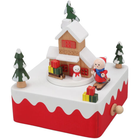 Handgefertigte, drehbare Spieluhr aus Holz – Weihnachtsdekoration mit Schlitten und Schneemännern – Geschenkidee für die Feiertage