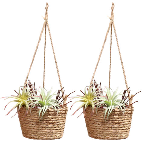 Handgefertigter Hängekorb, 20 cm, 2 Stück, aus Rattan mit Blumenmuster, Hanfseil, Wanddekoration, efeugrüner Korb, Naturkorb