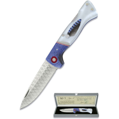Handgefertigtes Messer ART-16 Miguel Nieto 18,5 cm, mit Stahlklinge 8 cm und mango Knochenharz und Methacrylat mit natürlicher Federeinlage mit Präsentationskarton.