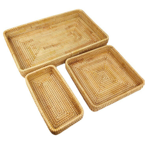 Handgeflochtener multifunktionaler Aufbewahrungskorb aus Rattan, Serviertablett, 3er-Set