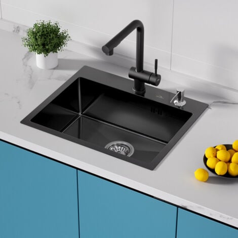 AURALUM Handgemachte Einbauspüle 55 x 45cm Küchenspüle Edelstahl Einzelbecken Spülbecken Waschbecken Dunkelgrau/Schwarzgrau,Geeignet für Desktops länger als 60cm,Schenken Sie einen Seifenspender