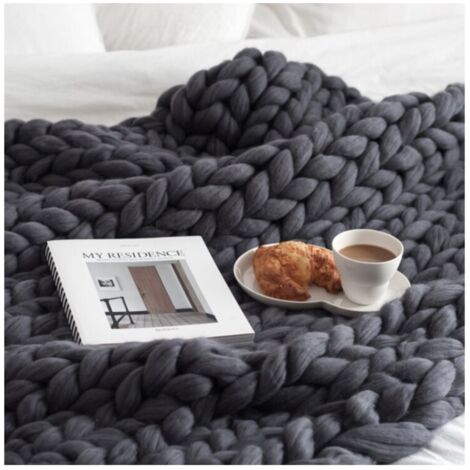 Handgewebte Decke Grobe Wollstrickdecke Decke 80100 (Dunkelgrau)