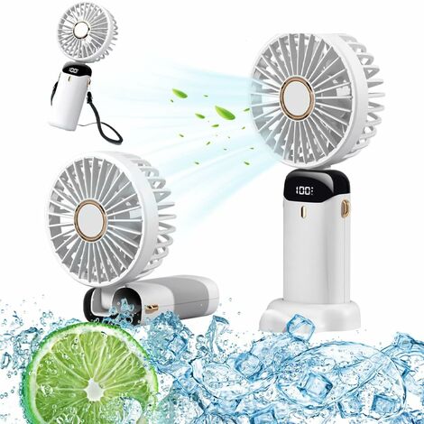 Handheld Fan, Portable and USB Rechargeable, 5 Speeds, Foldable with Battery Powered, for Home, Travel, Office, Digital Display, White