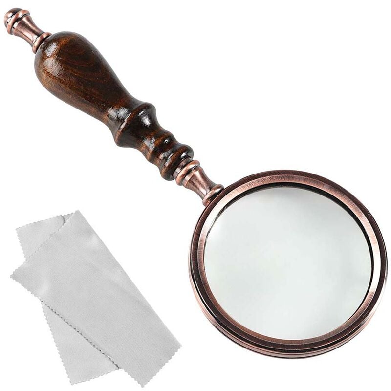 Pesce - Handheld Magnifying Glass with Wooden Handle, Antique Copper Magnifier for Hobbies Elderly Reading, Macular Degeneration-10X