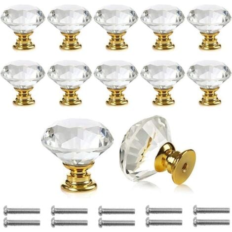 Handles Door Knobs Transparent Diamond Crystal Glass Door Cabinet Drawer Cupboard Decoration With Screws,Handle Shaped Door Knob Diameter 30mm Clear Crystal,Cabinet Knobs Mant Glass Knobs(12Pcs)