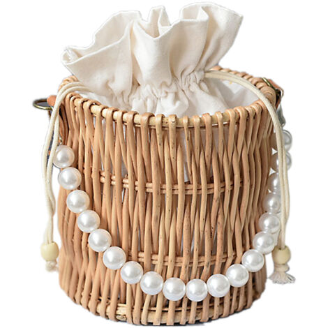 Handlicher Rattan-Pflanzkorb mit Perlenbesatz für Strand, Partys und Shopping - Naturdesign 20x8cm (1 Stück)