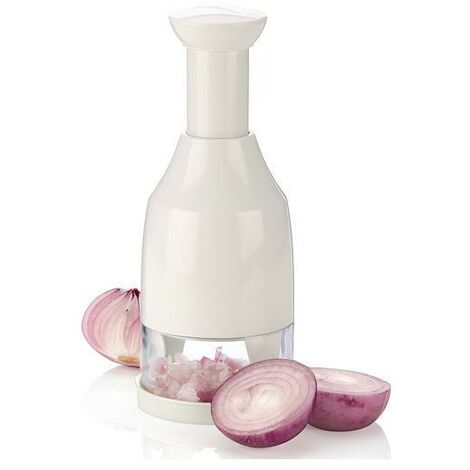 „Handlicher“ Zwiebelhacker aus Edelstahl und weißem Kunststoff