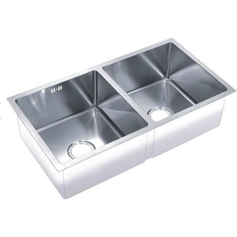 main image of "Handmade 2 Bowl Satin Stainless Steel Undermount Kitchen Sink 79.5x46cm DS020"