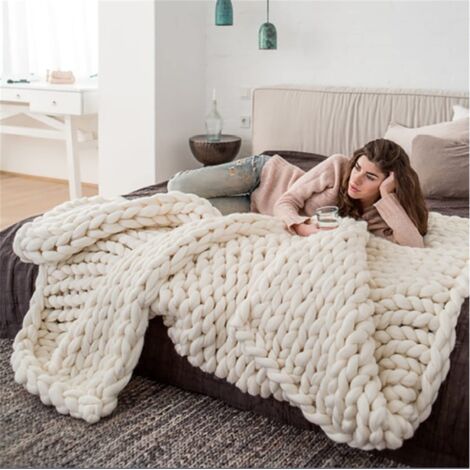 handmade chunky knit blanket, sofa blanket, wool cuddly blanket, wool blanket