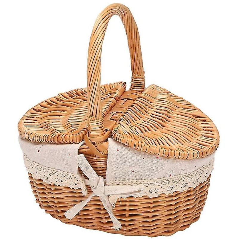 Panier en osier fait main avec poignée, panier de pique-nique de camping en osier avec double couvercle, rangement pour courses