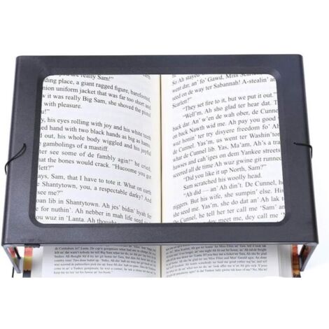 Hands-free, full-page, foldable rectangular magnifier with 12 LED lights for reading and working.