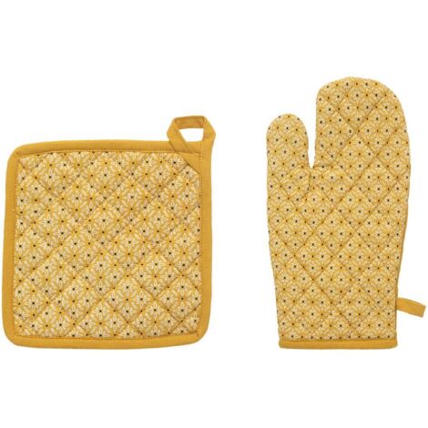 Handschuh und Topflappen mit Paty-Aufdruck - ockergelb - Baumwolle