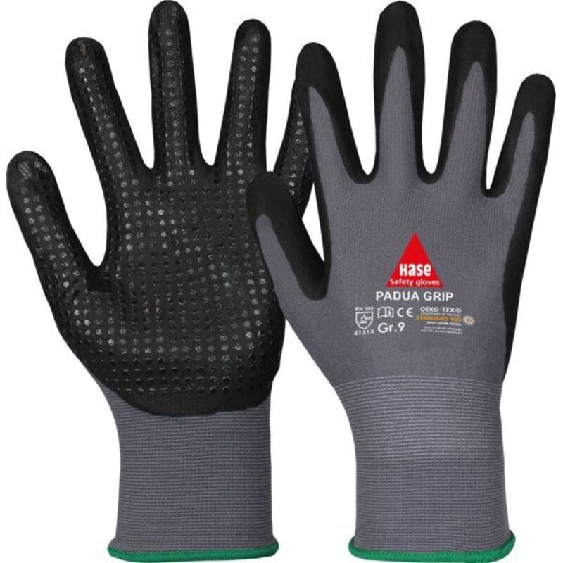 Handschuhe Padua Grip Gr.7 grau/schwarz EN 388 PSA II Nylongestrick Nitril HASE