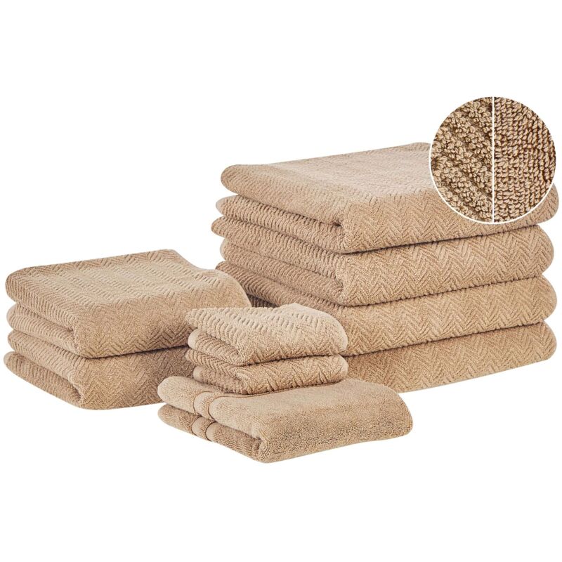 Beliani Handtuch-set Mit Badematte Sandbeige Frottee Baumwolle 9-teilig Modern Saugfähig Schnelltrocknend Ringgesponnen Für Badezimmer