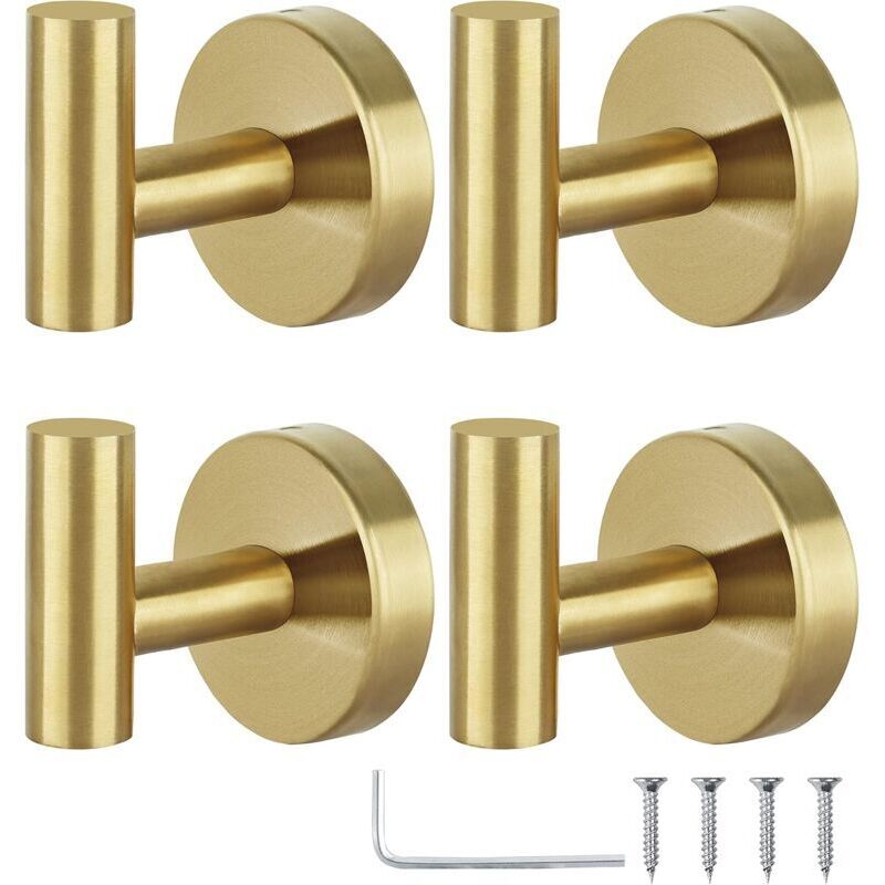 Handtuchhaken, Badezimmer-Garderobenhaken, Bademantelhaken, Edelstahl-Haken, schwerer Tür-Handtuchhalter,4 Stück (goldener Einzelhaken ohne Lochung)