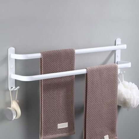 Handtuchhalter fürs Badezimmer, Wandmontage, weiß, mit 2 Haken, aus weißem Aluminium, 2-stufig, 50 cm, ohne Bohren,