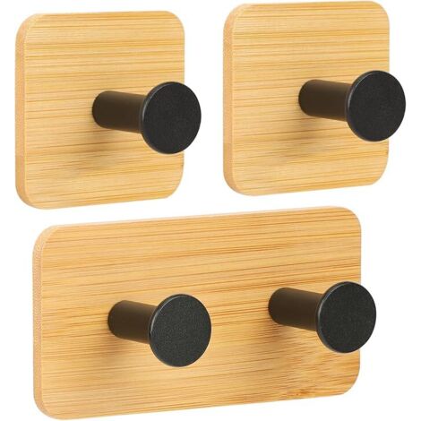 Handtuchhalter Holz, Wandhaken Holz, Haken Selbstklebend, Klebehaken Extra Stark, 3 Stück Handtuchhalter Bambus, Kleiderhaken Wand für Jacke, Schal, Hut (Wohnzimmer, Büro, Schlafzimmer) schwarz.