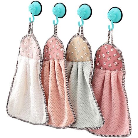 Handtücher 4 hängende Trockenhandtücher Dicke Korallenvlies-Handtücher Schnell trocknende weiche Stoffhandtücher für Küche und Bad (23x36 cm) Rosa Beige Bohnengrün Fleischrosa