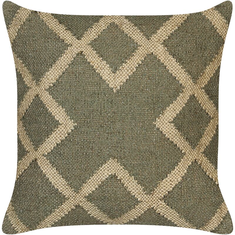 Handwoven Cushion Geometric Pattern Jute Wool 45 x 45 cm Green and Beige Gopi