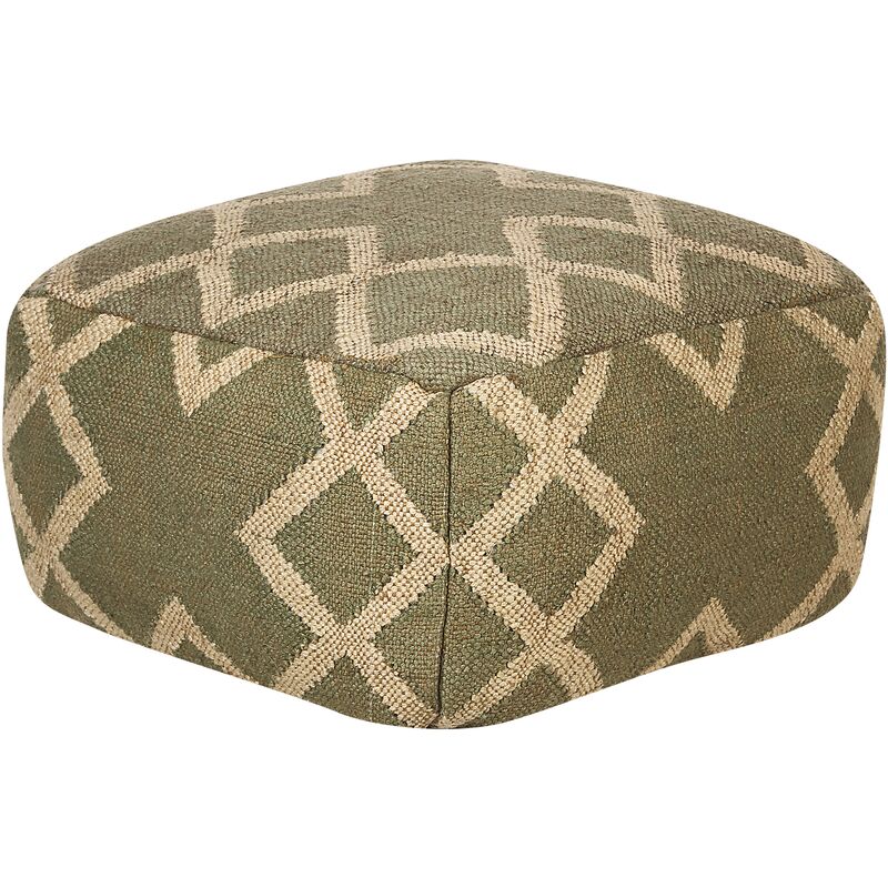 Handwoven Pouffe Geometric Pattern Jute Wool Cover Green and Beige Gopi