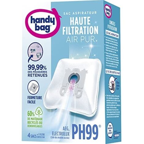 HANDY BAG - PH99 - SAC POUR ASPIRATEUR AEG ET ELECTROLUX - HAUTE FILTRATION- LOT DE 4 SACS ET 1 FILTRE SORTIE D'AIR À DÉCOUPER