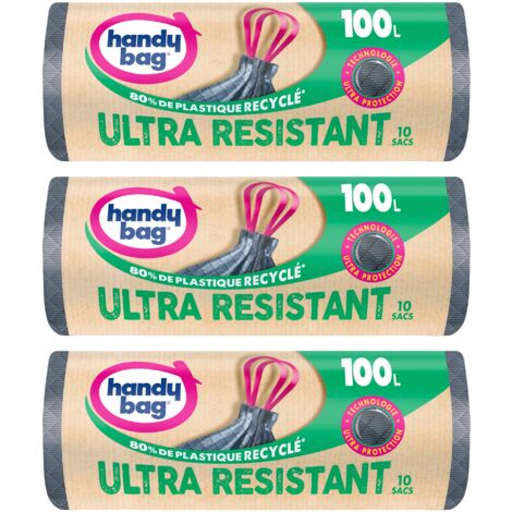 Handy Bag - Sacchetti della spazzatura con pratico legame ultra resistenti, 100 l x 10 sacchetti x 3 rotoli - Fondo a prova di perdite - Massima tenuta - Pratica legata alla parte superiore della