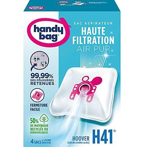 Handy Bag Sacchetti per Aspirapolvere Hoover Télios Sensory, 4 Sacchetti + 1 Filtro Anallergico, Compatibile con Hoover, Materiale Microfibra, Filtrazione Alta, Bianca