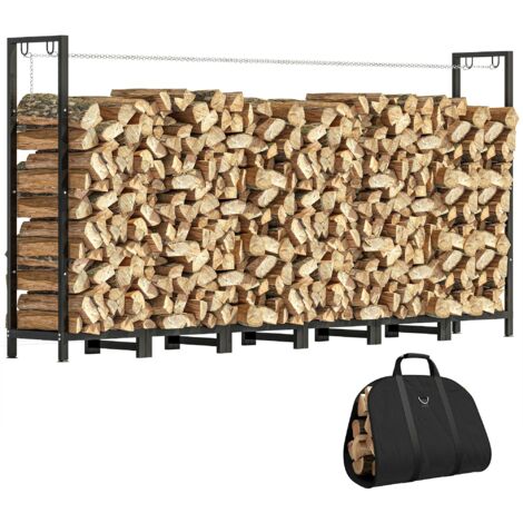 Hangar extérieur acier porte-bûches extérieur sac transport cadre réglable chaînes métalliques support bûches surélevé 0,8 m³ 235x31x116 cm noir