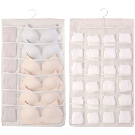 Hanging Bra Organizer Oxford Fabric Double Sides Breathable Large Capacity Underwear Storage Organizer for Bra Socks Beige, Front 12, Back 24